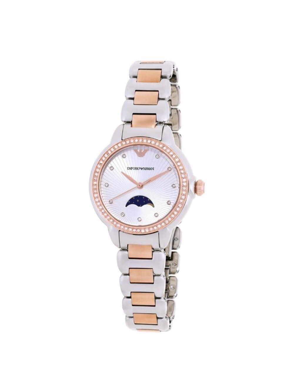 NWT Emporio Armani Mia Quartz Moon Phase Crystal Silver Dial Ladies Watch